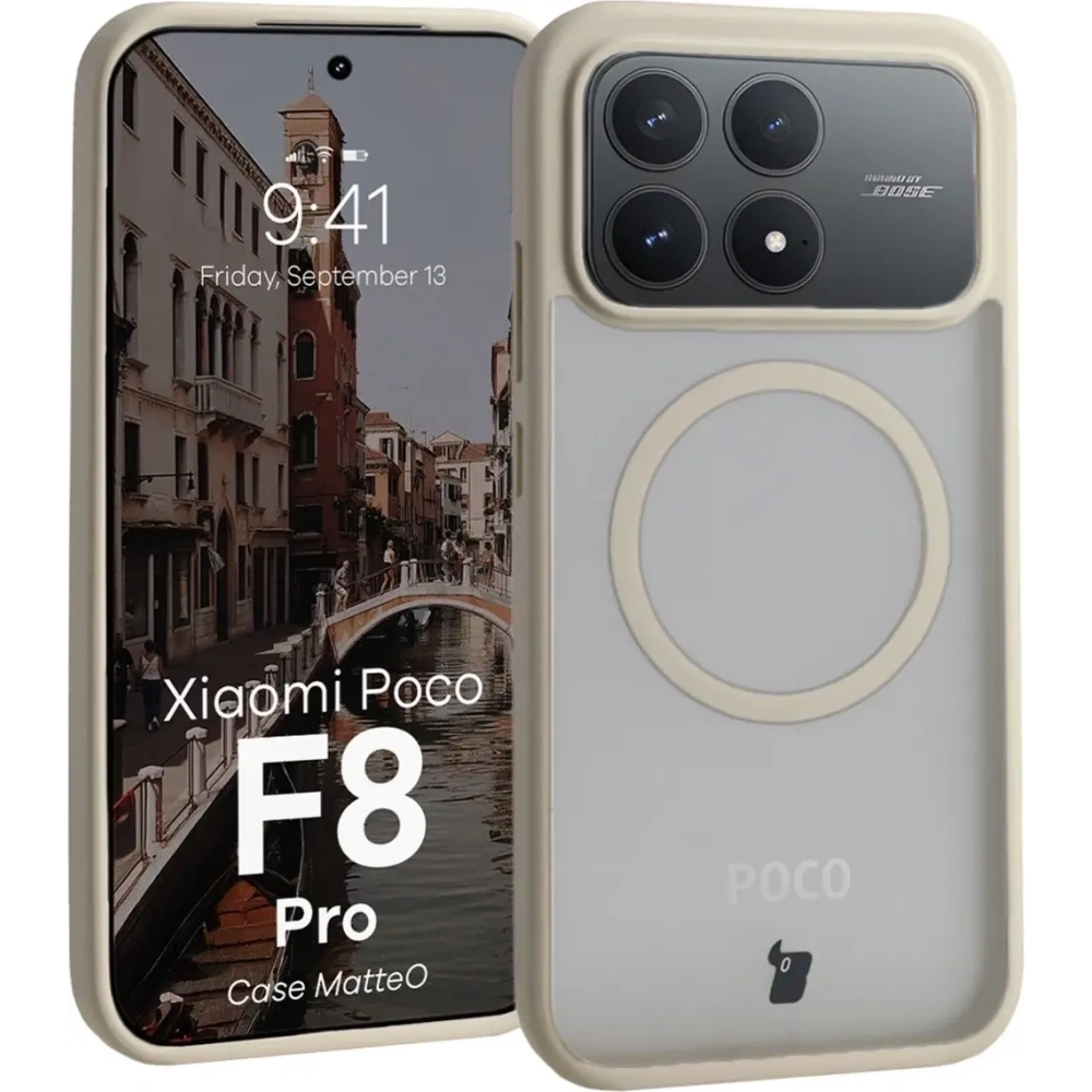 Etui z pierścieniem magnetycznym Bizon Case MatteO do Xiaomi POCO F8 Pro przydymione-beżowe